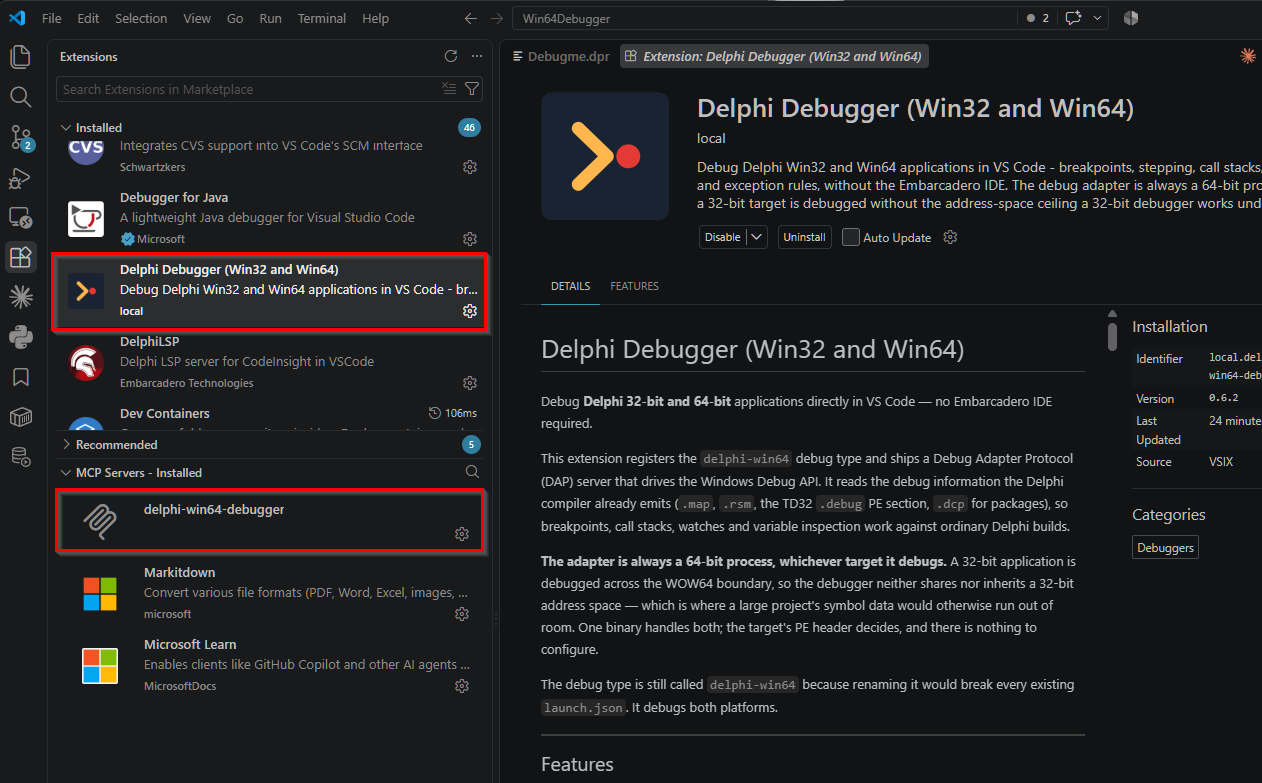 The Visual Studio Code Extensions view. Under Installed, Delphi Debugger (Win32 and Win64) from publisher local is highlighted, with DelphiLSP from Embarcadero Technologies directly below it. Further down, an MCP Servers - Installed section lists delphi-win64-debugger. The details pane on the right shows the extension's description, version 0.6.2 and identifier local.delphi-win64-debug.