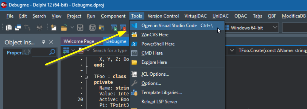 The Delphi IDE with the Tools menu open. The plugin's command sits at the top of the menu, highlighted, with its keyboard shortcut shown next to it.