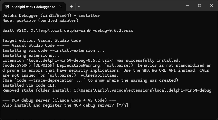 The installer running in a console window: it reports portable mode with the bundled adapter, the VSIX package it built, and Visual Studio Code as the target editor; the extension is installed through the code CLI and a stale install folder is removed. The last line asks whether to also install and register the MCP debug server.
