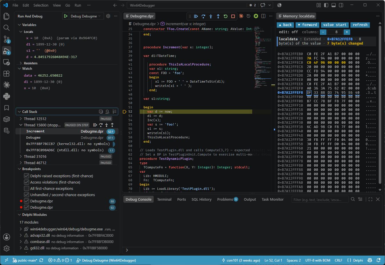 A Delphi program stopped on a breakpoint in Visual Studio Code: the editor shows the highlighted stop line, with Variables, Watch, Call Stack, exception filters and the Delphi Modules tree in the side bar, and the memory view open beside the source.