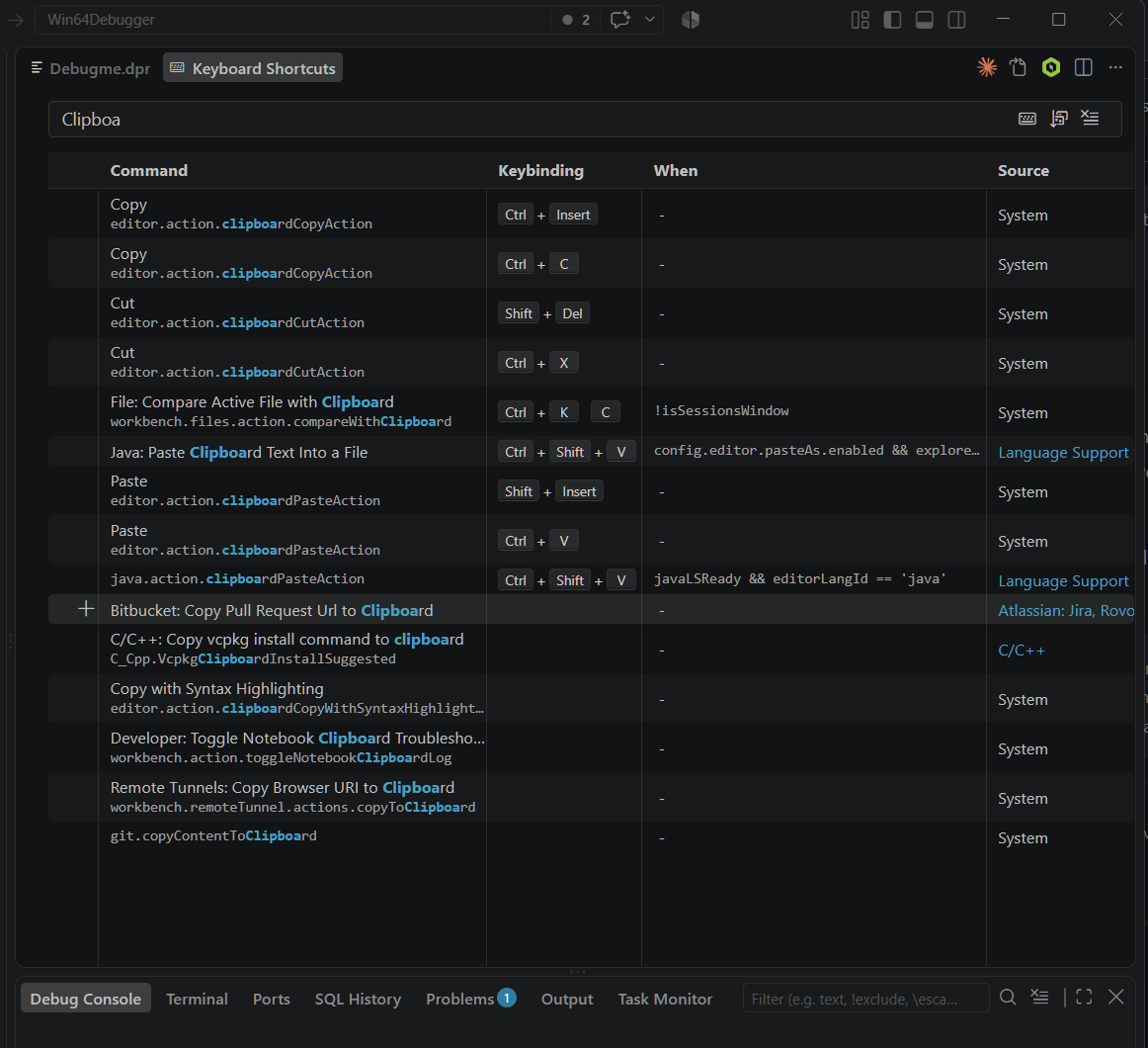 The Keyboard Shortcuts editor, opened with Ctrl+K Ctrl+S, filtered by a search term. Each row shows the command, its keybinding, an optional when clause, and where the binding comes from; hovering a row reveals a pencil icon to rebind it.