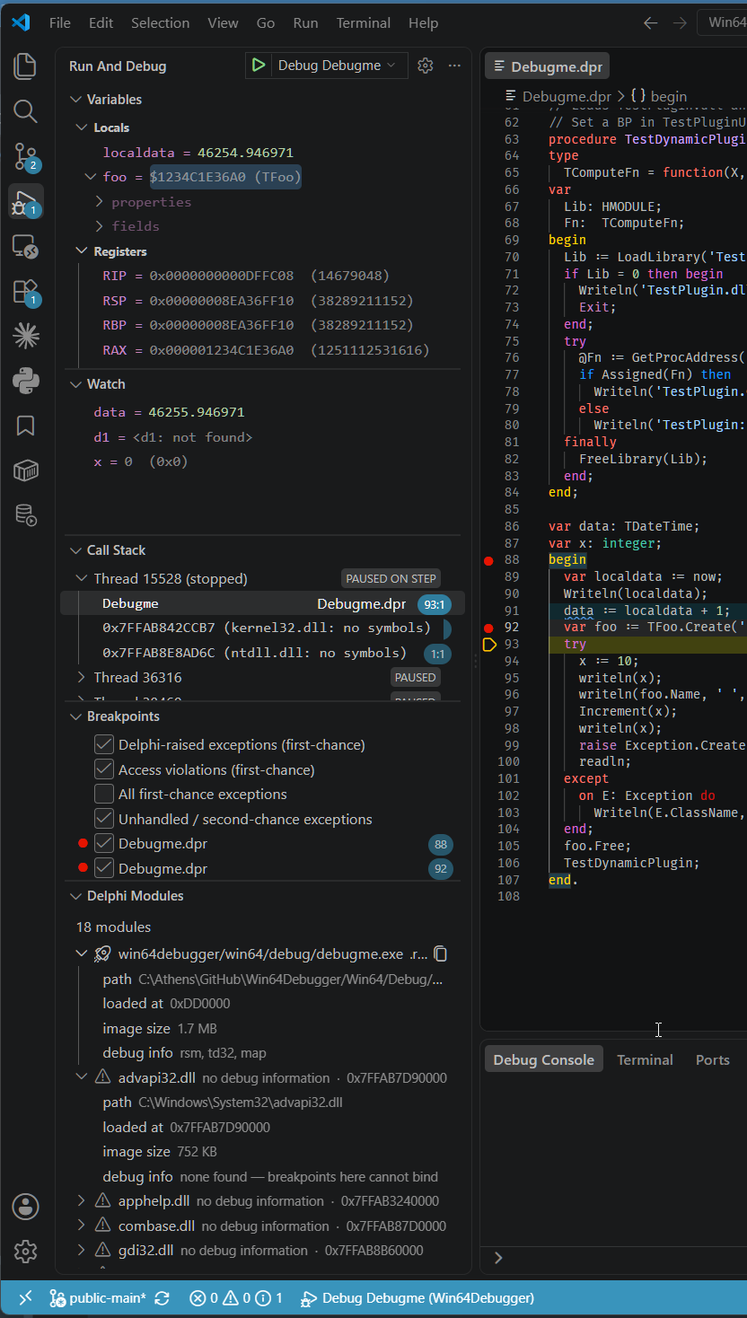 The Run and Debug side bar during a paused session, all sections expanded: Variables with Locals and Registers scopes, Watch, Call Stack listing two threads with their frames, Breakpoints with the exception filters and two source breakpoints, and the Delphi Modules tree showing per-module paths and debug info.
