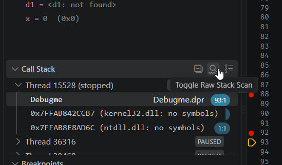 The Call Stack section title bar with three icons on its right edge; the cursor hovers the magnifying-glass icon, revealing the tooltip Toggle Raw Stack Scan.