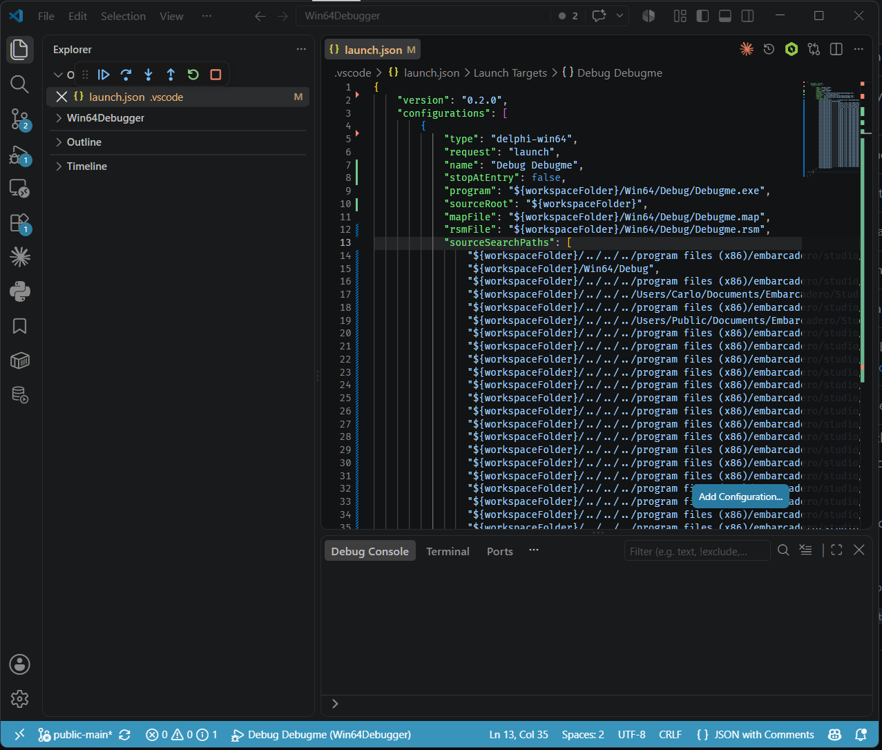 VS Code with launch.json open, the type set to delphi-win64, request launch, program, sourceRoot, mapFile and rsmFile set, and a long generated sourceSearchPaths array.