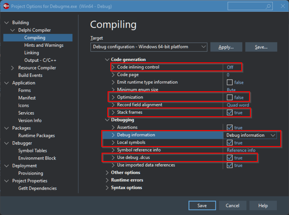 Project Options for Debugme.exe, Delphi Compiler, Compiling page. Optimization is off, Debug information is set to Debug information, Local symbols is on, and Use debug .dcus is on; Code inlining control off and Stack frames on are also highlighted.