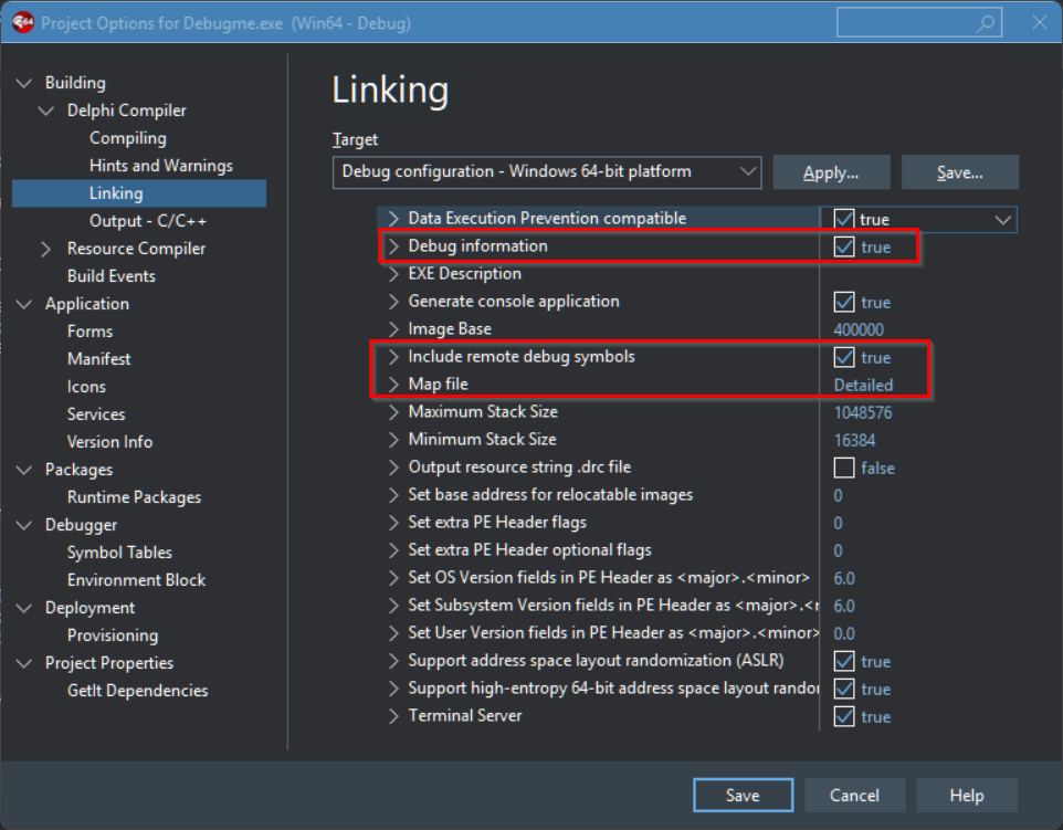Project Options for Debugme.exe, Delphi Compiler, Linking page. Debug information is on, Include remote debug symbols is on, and Map file is set to Detailed.