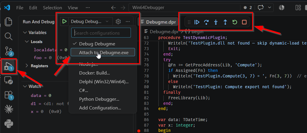 The Run and Debug side bar during a paused session. Arrows point at the configuration dropdown showing Debug Debugme with Attach to Debugme.exe as an alternative, and at the debug toolbar with continue, step over, step into, step out, restart and stop.