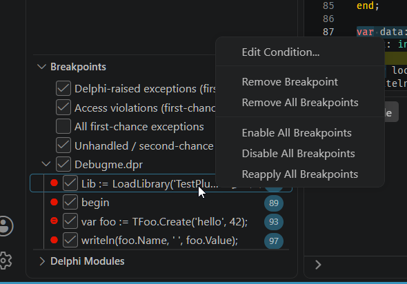 The BREAKPOINTS section, exception filters at the top followed by the source breakpoints for Debugme.dpr. A right-click on one breakpoint opens a context menu: Edit Condition, Remove Breakpoint, Remove All Breakpoints, Enable All Breakpoints, Disable All Breakpoints, Reapply All Breakpoints.