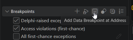 The BREAKPOINTS section title bar, hovered over an icon whose tooltip reads Add Data Breakpoint at Address, among four other title-bar icons.