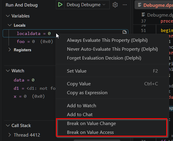 The right-click context menu on a local variable in the Variables panel. Break on Value Change and Break on Value Access sit near the bottom, highlighted, below Add to Watch and Add to Chat and above the properties-evaluation commands.