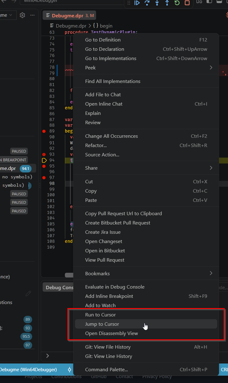 The editor's full right-click context menu on a stopped line: Go to Definition, Go to Declaration, Go to Implementations, Peek, Find All Implementations, Copilot commands, refactoring commands, clipboard commands, source control commands, Bookmarks, then Evaluate in Debug Console, Add Inline Breakpoint, Add to Watch, and finally Run to Cursor and Jump to Cursor, highlighted, near the bottom.