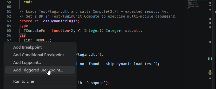 The gutter's right-click menu on a line with no breakpoint yet: Add Breakpoint, Add Conditional Breakpoint, Add Logpoint, Add Triggered Breakpoint (highlighted), and Run to Line.