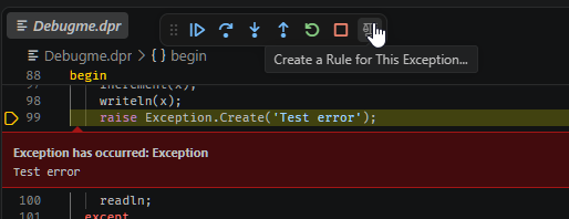 The floating debug toolbar stopped on the raise, with the mouse hovering the rightmost icon showing an 'Create a Rule for This Exception...' tooltip.