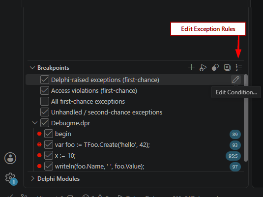The BREAKPOINTS view with the four exception filters, their real labels and default ticks. The mouse hovers the Delphi-raised exceptions row, showing its pencil icon and an Edit Condition tooltip. The Edit Exception Rules title-bar icon is called out.