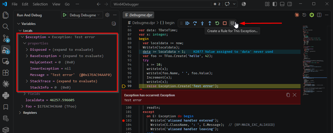 Stopped on the raise itself, with the $exception row expanded in Locals showing Disposed, BaseException, HelpContext, InnerException, Message = 'Test error', StackTrace and StackInfo, alongside the ordinary locals localdata and foo.