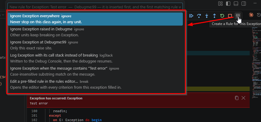 The Create a Rule for This Exception suggestion list: Ignore Exception everywhere, Ignore Exception raised in Debugme, Ignore Exception at Debugme:99, Log Exception with its call stack instead of breaking, Ignore Exception when the message contains "Test error", and Edit a pre-filled rule in the rules editor.
