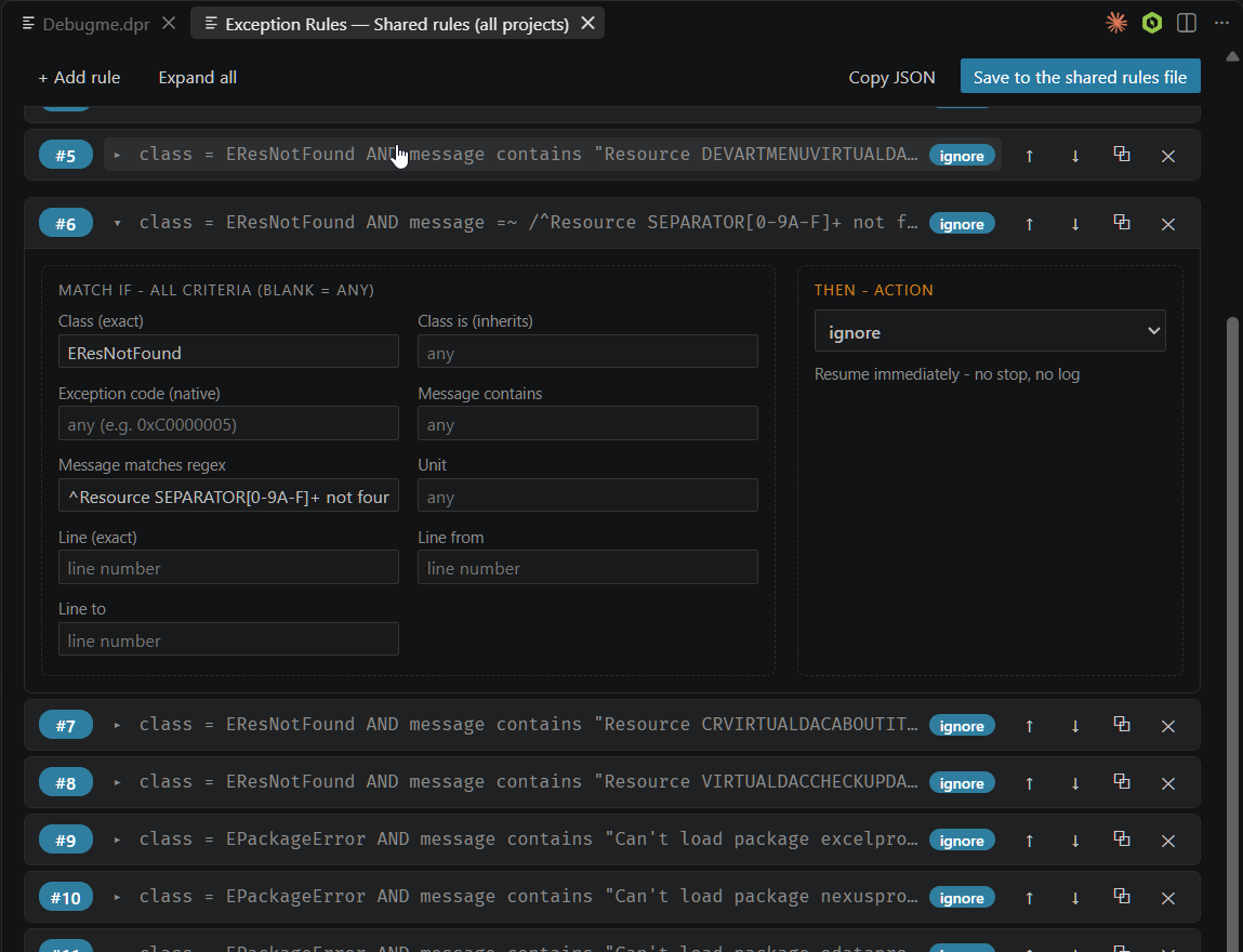 The Edit Exception Rules editor for the shared rules file, a list of collapsed rule cards with card #6 expanded showing the MATCH IF fields (class, class is, exception code, message contains, message matches regex, unit, line, line from, line to) and the THEN ACTION dropdown set to ignore, with Add rule, Expand all, Copy JSON and Save to the shared rules file buttons.