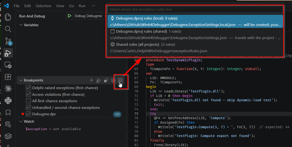 The Select where the exception rules live picker, listing Debugme.dproj rules (local) with 0 rules and a note that the file will be created, Debugme.dproj rules (shared) with 1 rule and a note that it travels with the project, and Shared rules (all projects) with 22 rules. The Edit Exception Rules title-bar icon is called out with an arrow.