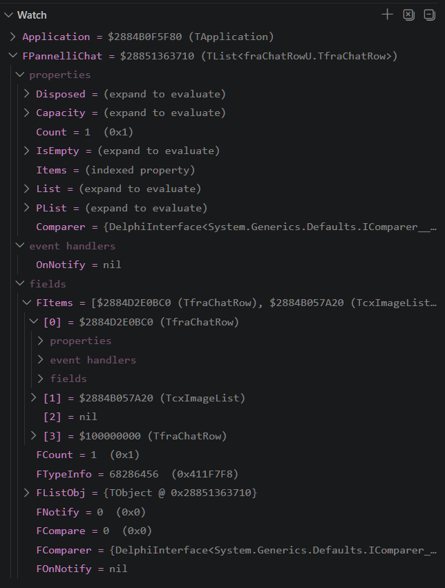 The Watch panel with a TList<TfraChatRow> expanded into properties, event handlers and fields groups. Items reads (indexed property); Disposed, Capacity, IsEmpty, List and PList read (expand to evaluate). The fields group is expanded down through FItems into element [0], a TfraChatRow object.