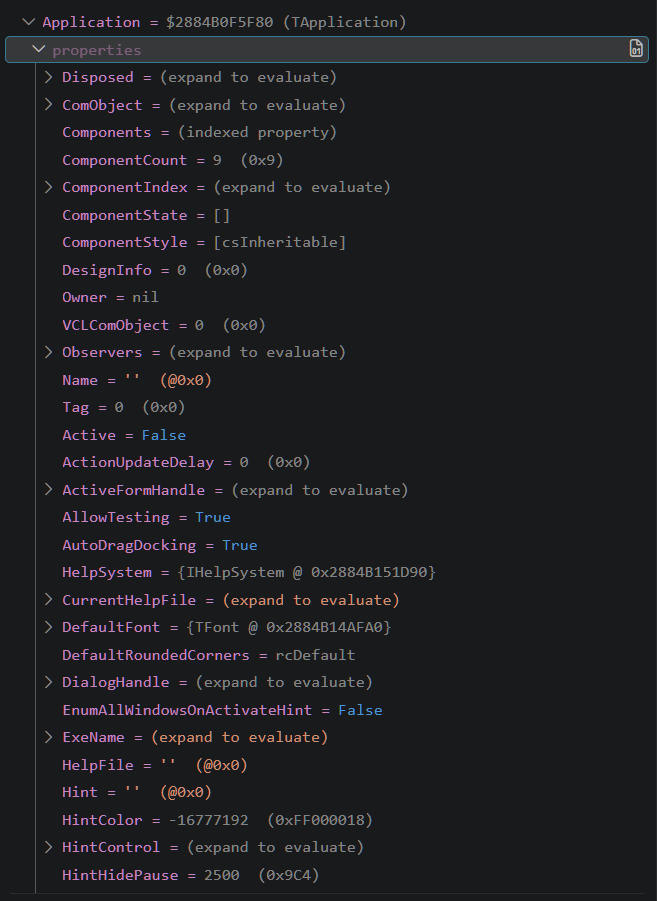 TApplication's properties group expanded, with Disposed, ComObject, ComponentIndex, Observers, ActiveFormHandle, CurrentHelpFile, DialogHandle, ExeName and HintControl all reading (expand to evaluate), and Components reading (indexed property).