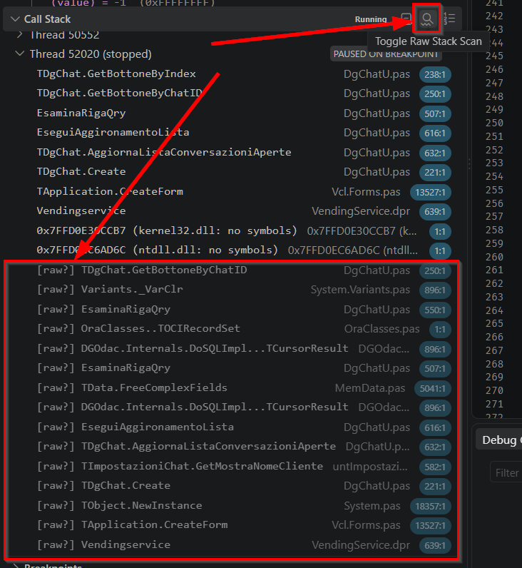 The Call Stack view's title bar with the mouse hovering the Toggle Raw Stack Scan icon, called out with an arrow. Below it, the stopped thread's real frames end at Vendingservice, followed by a block of greyed-out [raw?]-marked entries appended below from a previous scan.
