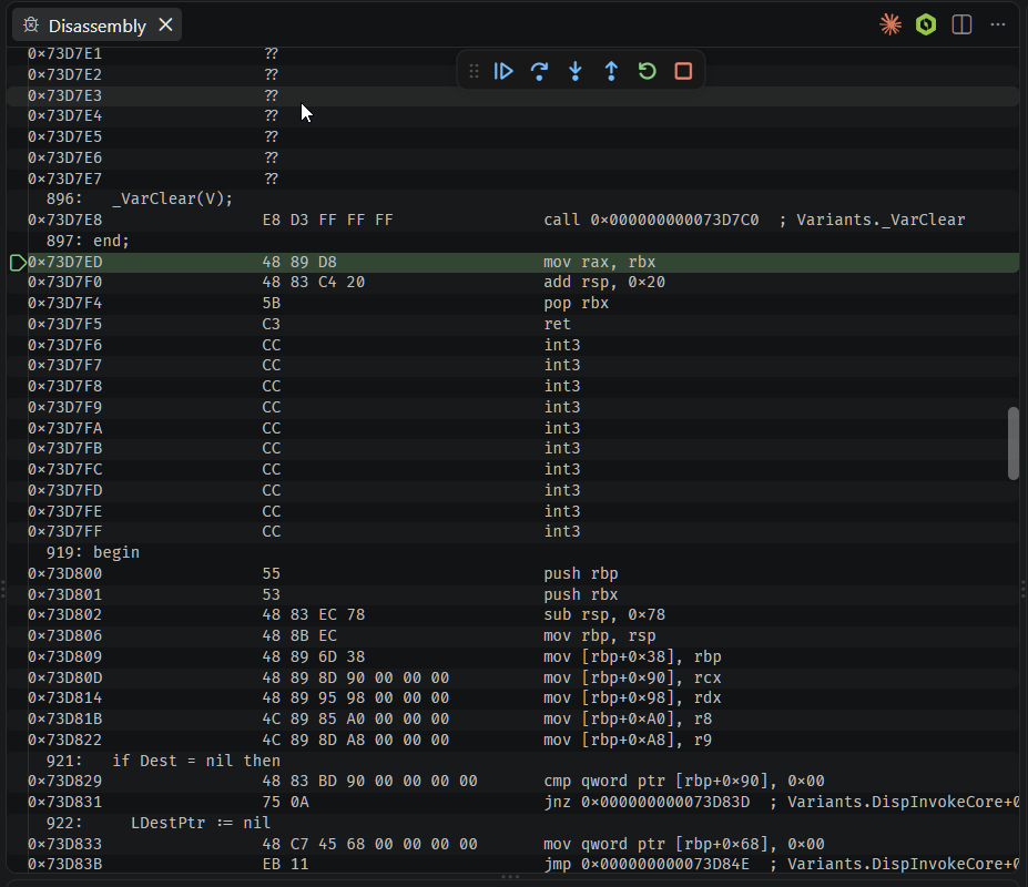 The Disassembly View interleaving source lines with addresses, raw bytes and decoded instructions. A green highlighted row with an arrow marks the current instruction. Call targets carry symbolicated comments such as Variants._VarClear and Variants.DispInvokeCore+offset, and unreachable padding bytes decode as int3.