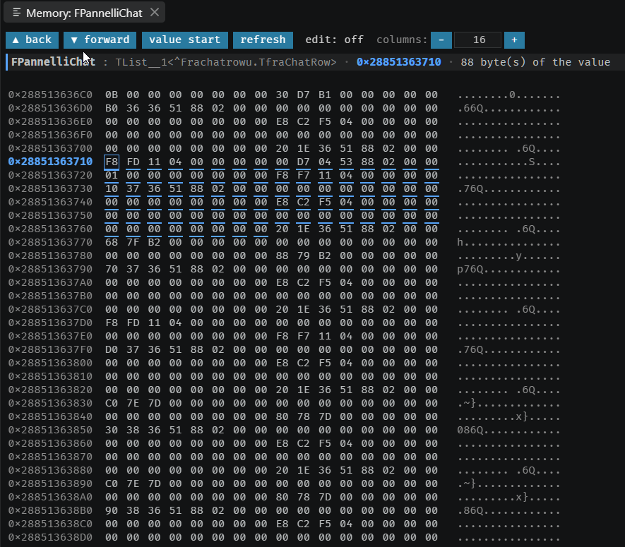 The View Memory (Delphi) panel titled Memory: FPannelliChat, header reading FPannelliChat : TList__1<fraChatRow.TfraChatRow> · 0x28851363710 · 88 byte(s) of the value, with back/forward/value start/refresh controls and a column count, and the row at 0x28851363710 boxed to mark offset zero.