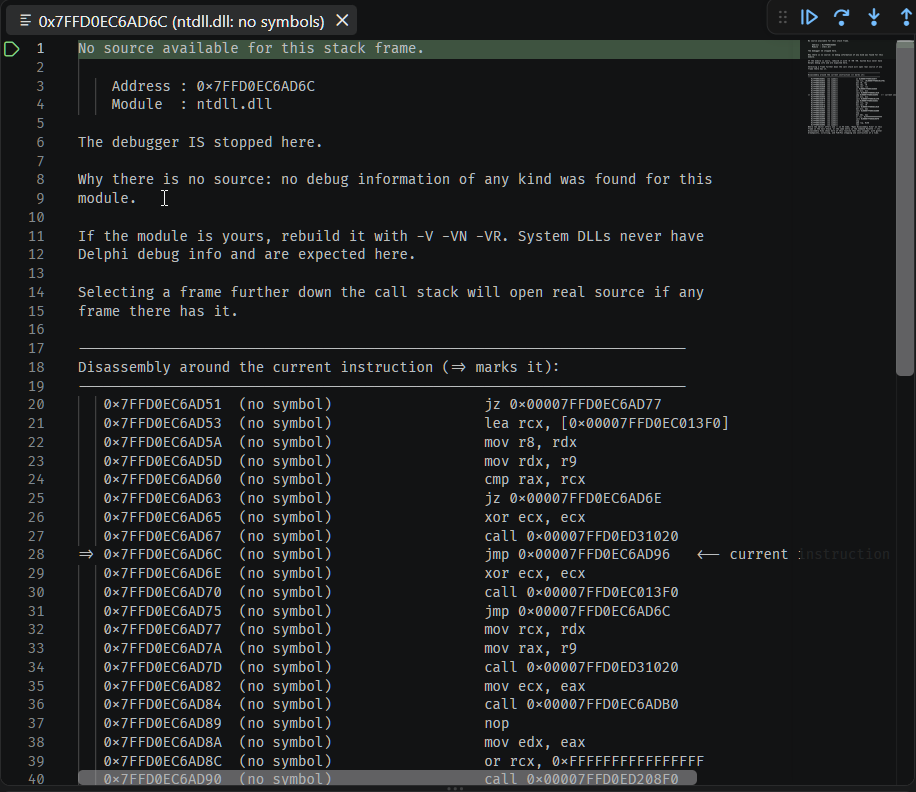 A stop in ntdll.dll with no source. The document header states the address, the module, that the debugger IS stopped there, and why: no debug information of any kind was found for this module. Below it, disassembly around the current instruction, each line marked (no symbol), with an arrow and 'current instruction' label on the stopped-at address.