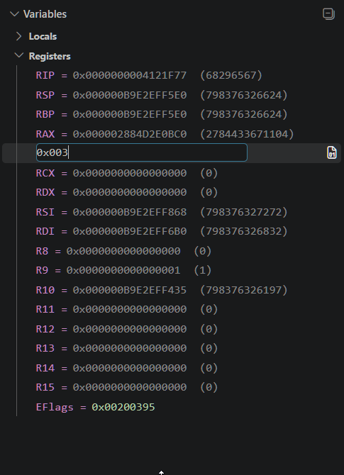 The Registers scope expanded in the Variables view on a 64-bit target: RIP, RSP, RBP, RAX through RDI, R8 through R15 and EFlags, each shown in hex with its decimal value alongside. RAX is mid-edit, an inline text box reading 0x003.
