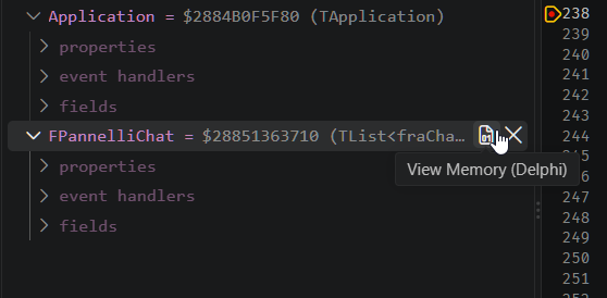 The FPannelliChat row in the Variables view with the mouse hovering the inline View Memory (Delphi) icon at the right-hand end of the row, its tooltip visible.