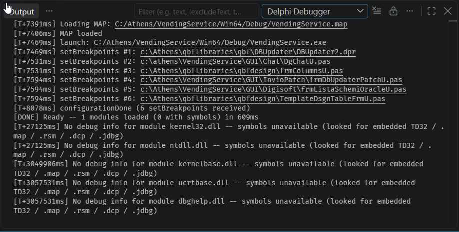 The Output panel, channel selector set to Delphi Debugger, showing diagnostics: MAP loading, launch, setBreakpoints per source file, configurationDone, module symbol status for kernel32.dll, ntdll.dll, kernelbase.dll, ucrtbase.dll and dbghelp.dll.