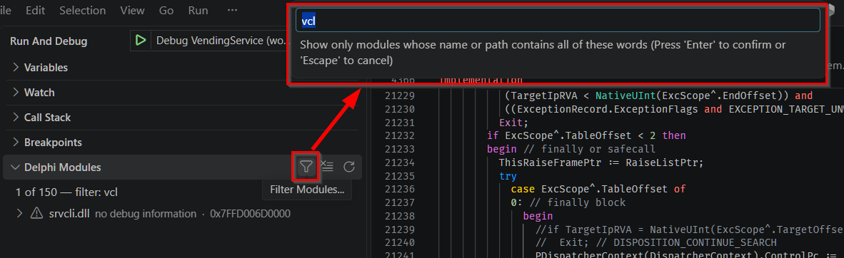 The Delphi Modules title bar with the mouse over the Filter Modules icon, and the filter input box open above the list reading 'vcl' with the hint 'Show only modules whose name or path contains all of these words'. The summary line reads '1 of 150 — filter: vcl', and srvcli.dll is the one matching module shown.