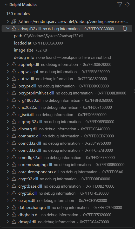 The Delphi Modules view, 150 modules, listing vendingservice.exe first, then a run of system DLLs each marked with a warning triangle and 'no debug information'. advapi32.dll is expanded, showing its path, load address, image size, and 'debug info: none found — breakpoints here cannot bind'.