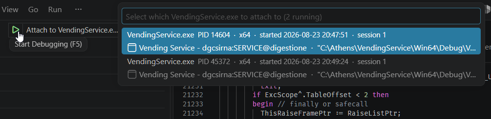 The process picker titled 'Select which VendingService.exe to attach to (2 running)', listing two rows: VendingService.exe PID 14604, x64, started 2026-08-23 20:47:51, session 1, with its window caption and full command line below; and a second instance, PID 45372, same architecture and session, a different start time.
