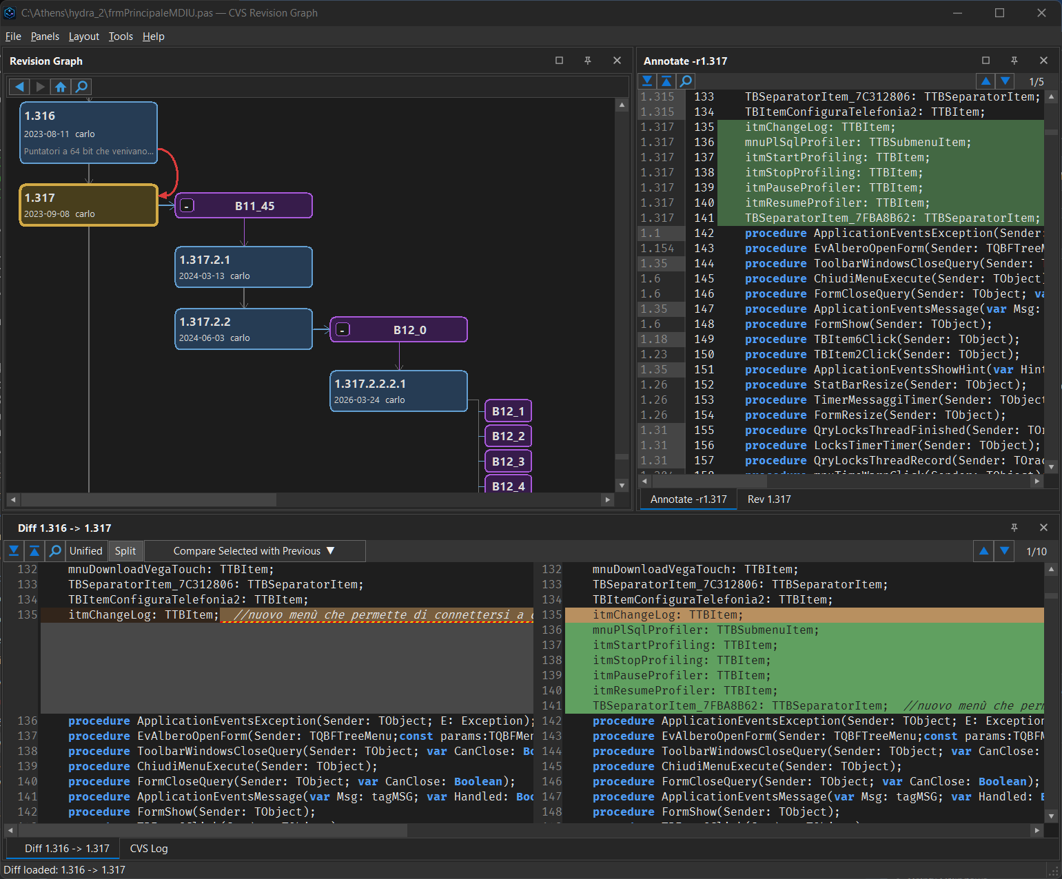 CVSTreeGraph — revision graph, annotate, and diff views